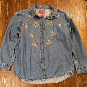 Denim&Co Classic Blue Denim Shirt With Floral Design
